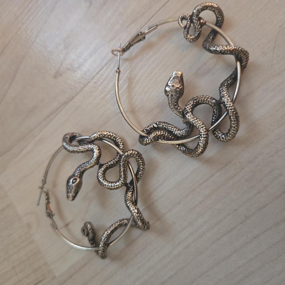 Antique Gold Snake Hoop Earrings